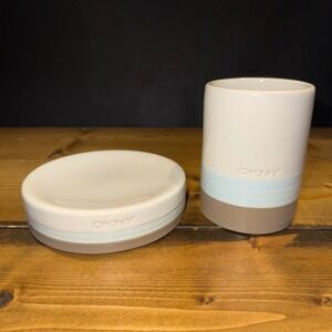 DKNY Home Ceramic Bathroom Vanity Set Soap Dish & Tumbler Blue Taupe Cream